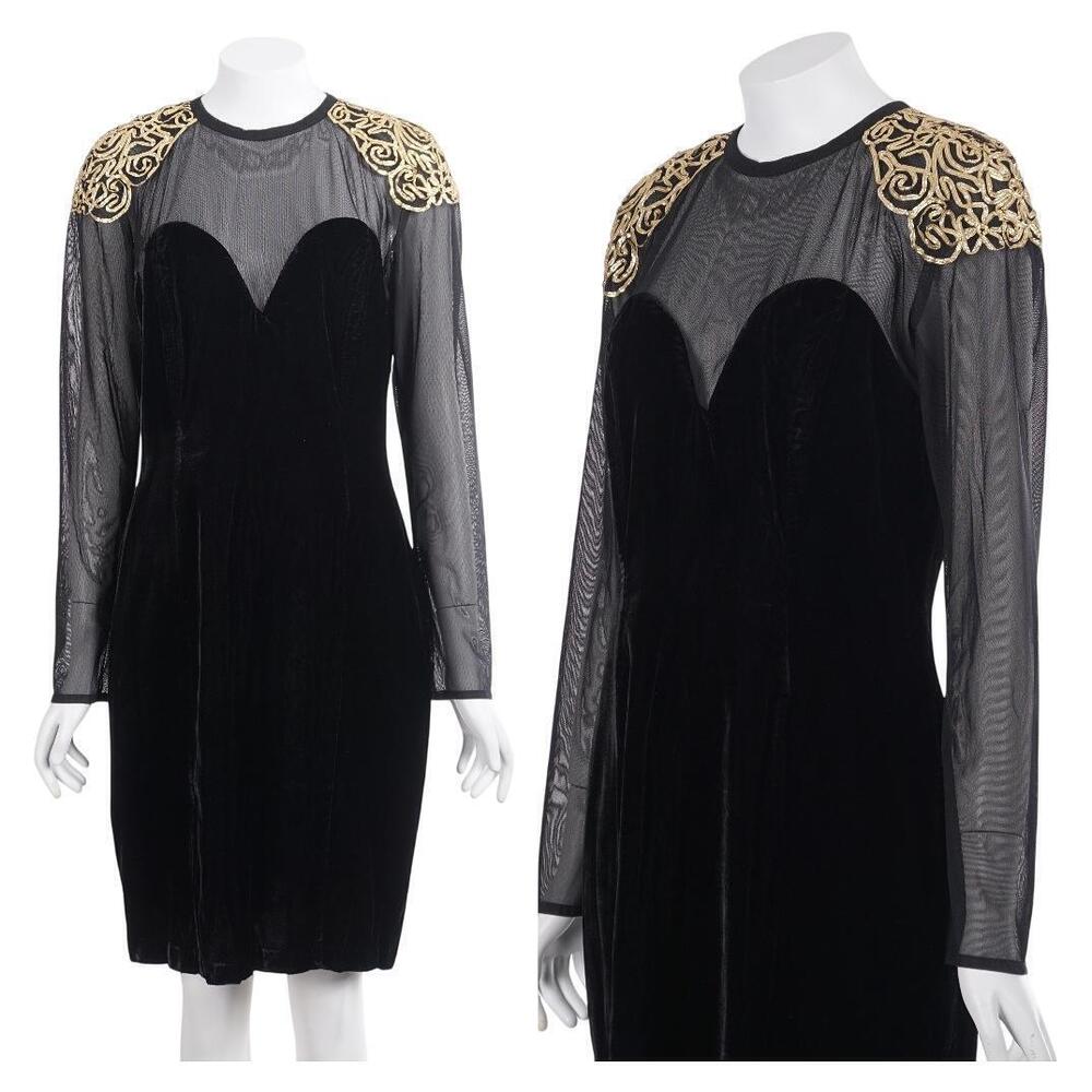 Susan Roselli for Vijack 80s Dress S/M Black Mesh Velvet Sheath Vintage Party